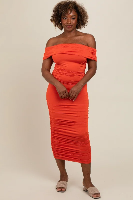 Zippered Dresses for Convenience -Orange Off Shoulder Ruched Midi Dress