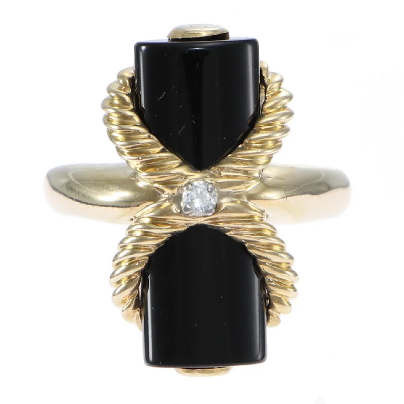 Rings with pink sapphire for delicate charm -Diamond Black Onyx Bar Hugs Kisses Cocktail Ring Ribbed 14k Yellow Gold