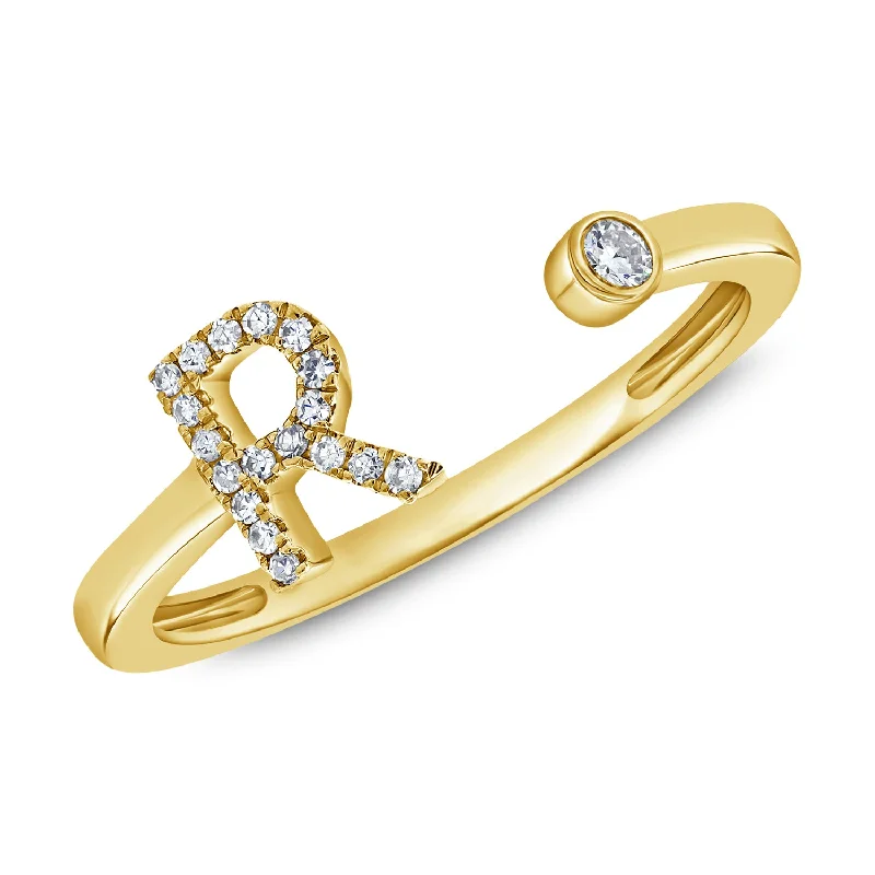 Rings with double bands for modern twist -Personalized Diamond 'R' Initial Open Ring in 14K Gold