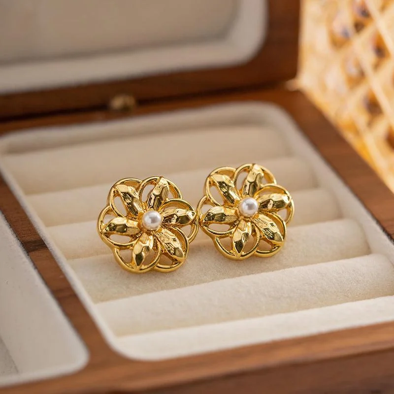 Stud Earrings with Star Motifs -Gold Plated Stainless Steel Hollow Flower Stud Earrings - Waterproof, Vintage Style Jewelry for Women