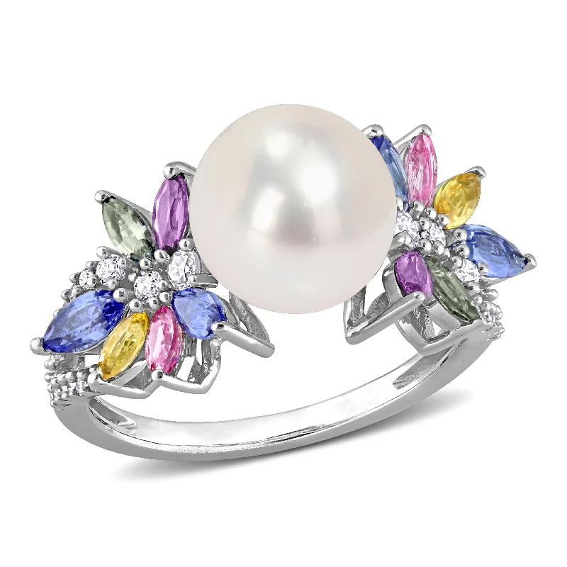 Rings with engraved constellations for stargazers -9-9.5 MM Cultured Freshwater Pearl and 1 3/4 CT TGW Multi Sapphire (Light Blue, White, Yellow, Pink, Purple & Green) and 1/8 CT TW Diamond Flower Ring in 14k White Gold