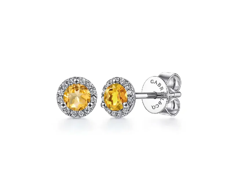 Rings with bezel-set peridot for safety -14K White Gold Round Citrine and Diamond Halo Stud Earring