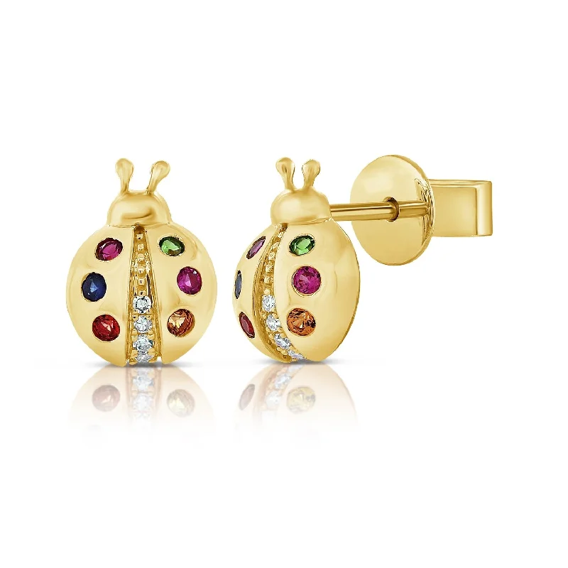 Stud Earrings with Embossed Patterns -Joelle Collection Ladybug Stud Earrings Multi Sapphire & Diamond 14K Gold