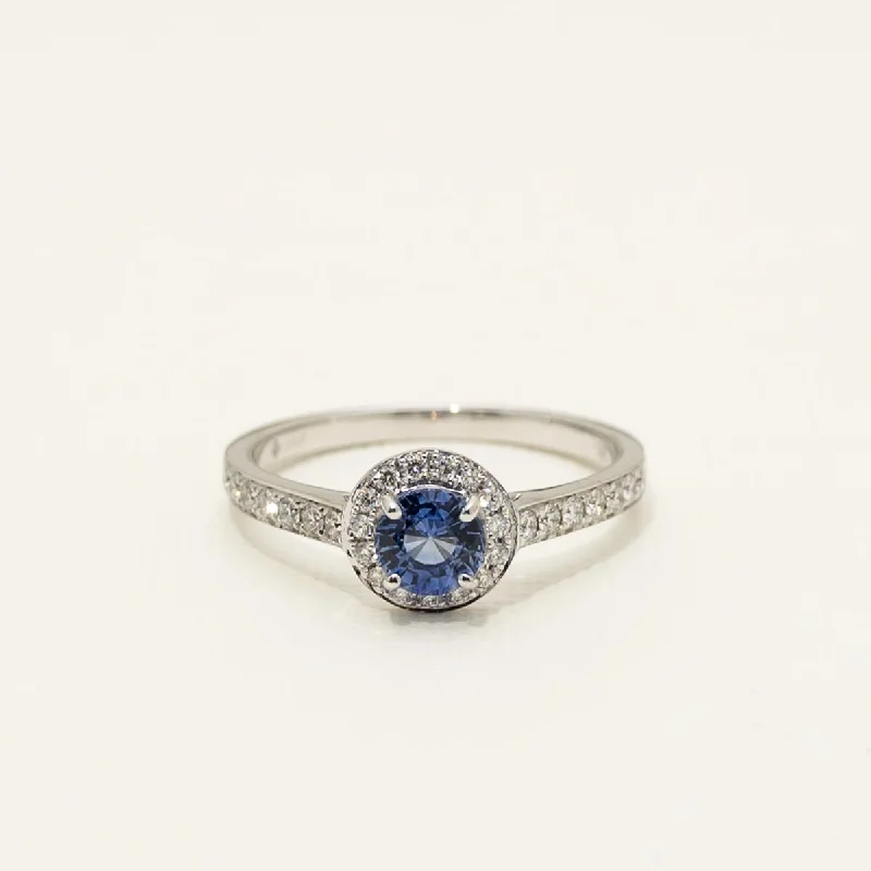 Dainty rings with subtle engraved star motifs -Ceylon Sapphire Halo Ring in 14kt White Gold with Diamonds (1/4ct tw)