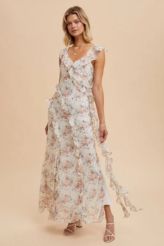 Minimalist Dresses for Simplicity -Ivory Floral Ruffled Chiffon Dress