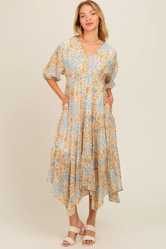 Low-waisted Dresses for Relaxed -Orange Floral Border Print V-Neck Tiered Midi Dress