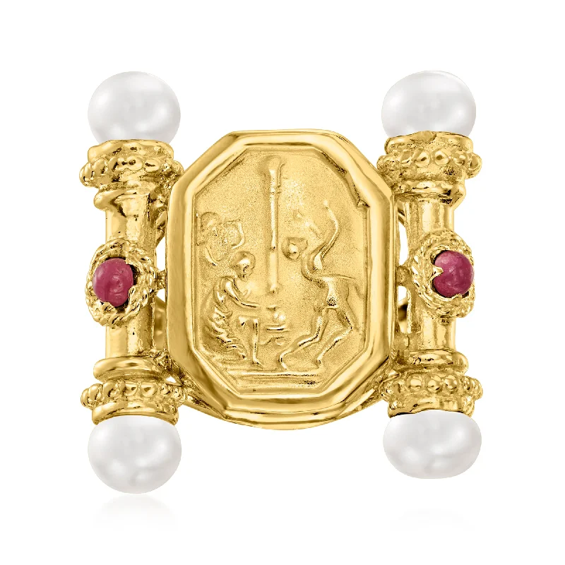 Dainty rings with subtle engraved star motifs -Ross-Simons Italian Tagliamonte 5-5.5mm Cultured Pearl and . Ruby Cameo-Style Ring in 18kt Gold Over Sterling