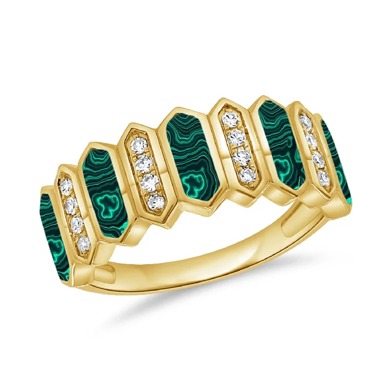 Rings with wave patterns for ocean vibes -Striking Geometric Ring with 1.64 Carats of Malachite and Diamonds