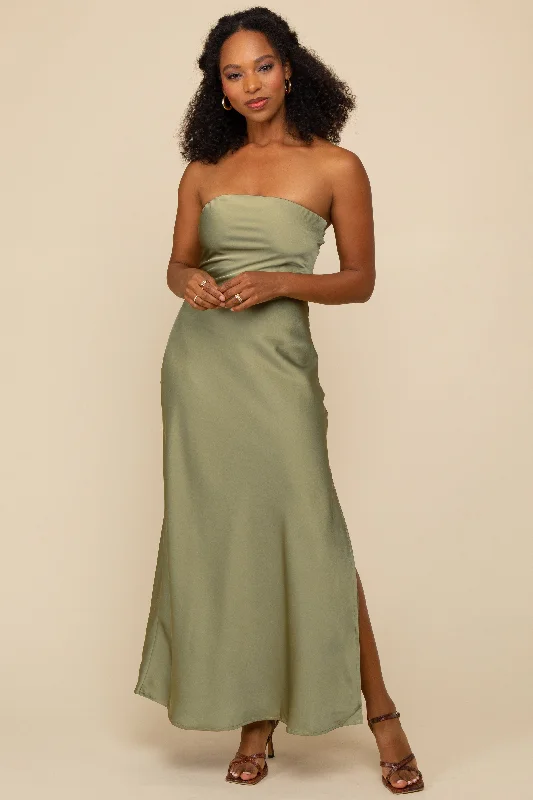 Belted Dresses for Shaping -Sage Olive Strapless Bias Cut Maxi Dress