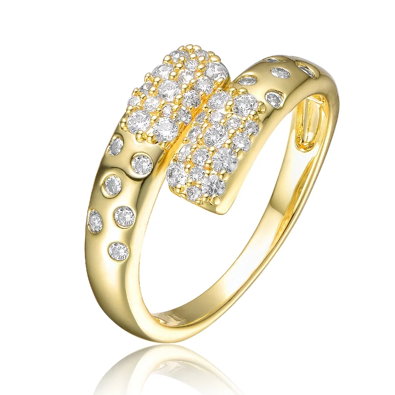 Rings with etched floral bands for detail -Rachel Glauber Gold Plated Clear Cubic Zirconia Bypass Ring