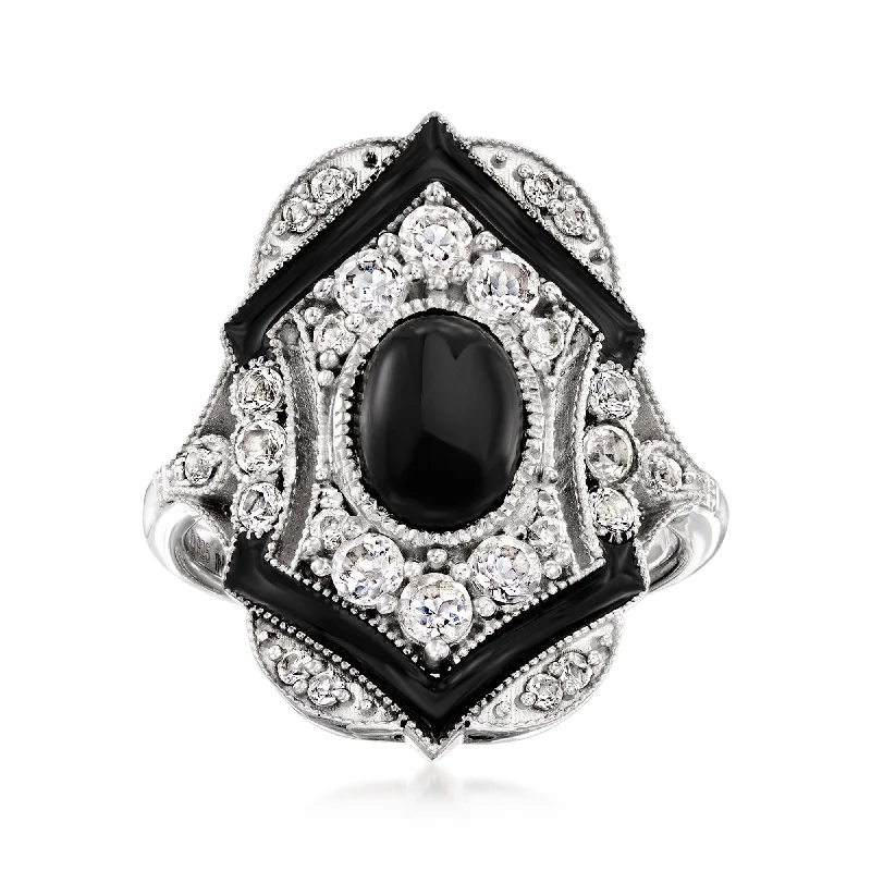 Rings with faceted aquamarine for sea glow -Ross-Simons Onyx and White Zircon Ring With Black Enamel in Sterling Silver