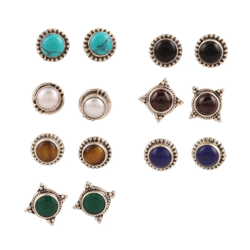 Stud Earrings for Valentine's Day -Novica Handmade Everyday Looks Gemstone Stud Earrings (Set Of 7)