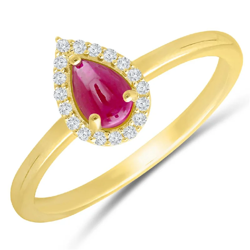 Rings with claw-set amethyst for security -14K Yellow Gold 0.75ctw Pear Ruby & Diamond Halo Ring