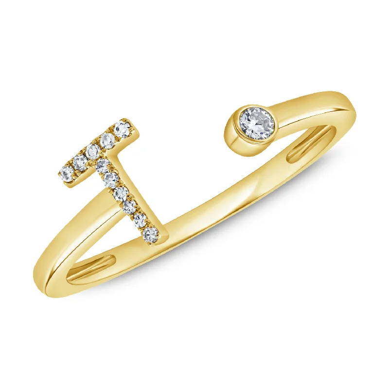 Rings with moonstone gems for ethereal glow -Elegant Diamond "T" Initial Open Ring in 14K Gold