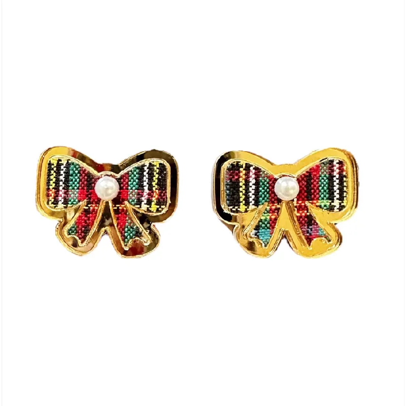 Ethnic Stud Earrings with Tribal Design -Holiday Tartan Bow Stud Earrings