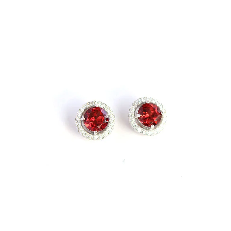 Stud Earrings with Polished Shine -Garnet and Zircon Stud Earrings in White Gold Plated Sterling Silver Handmade Jewelry Women