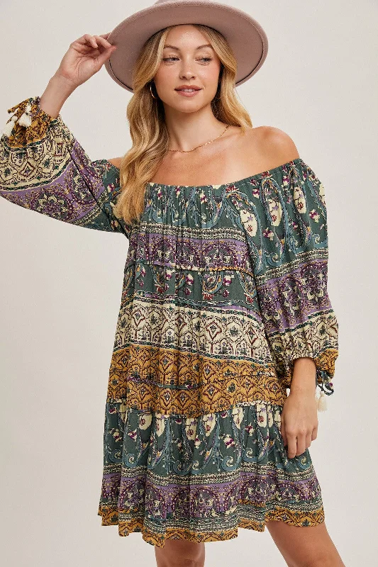 Tie-up Dresses for Decorative -Gold Green Paisley Print Boho Off Shoulder Dress