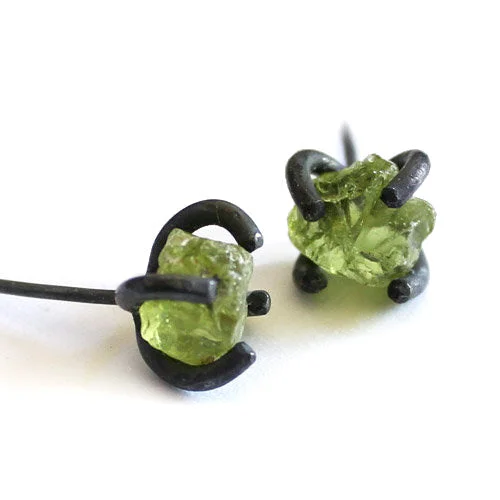 Stud Earrings for Beach Outfit -Raw Peridot Stud Earrings in Vintage Silver Handmade Gemstone Jewelry Women Men