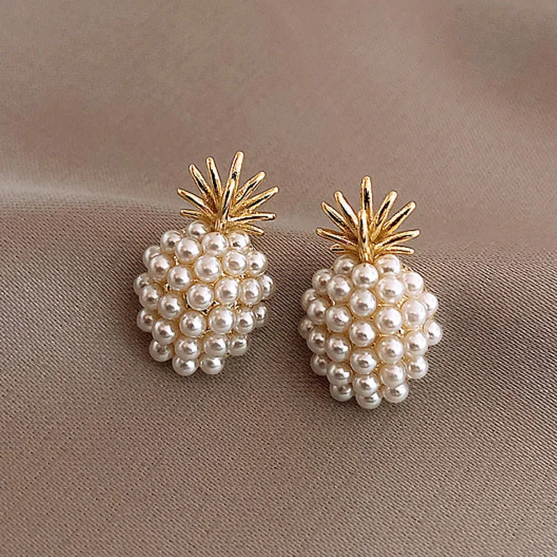 Stud Earrings for Wellness Routine -Wholesale S925 Silver Needle Small Pearl Pineapple Stud Earrings