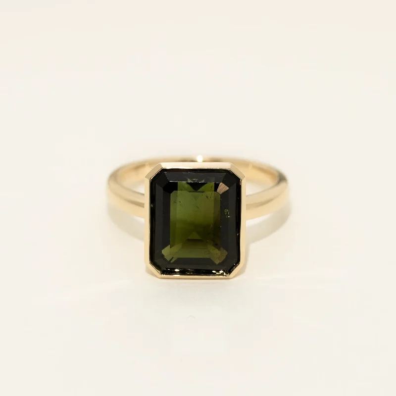 Rings with polished onyx for sleek contrast -Maine Green Tourmaline Emerald Cut Bezel Ring in 14kt Yellow Gold