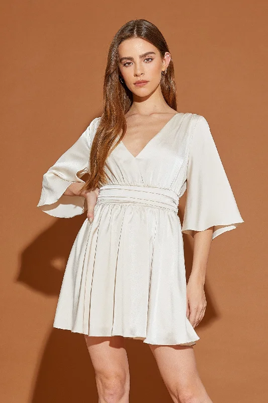 Hippie Dresses with Beads -Ecru Waist Tuck Detail V-Neck Dress