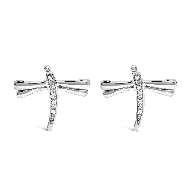 Stud Earrings with Vine Designs -.925 Sterling Silver Diamond Accent Dragonfly Stud Earrings