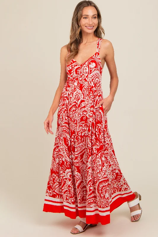 Bohemian Dresses with Tassels -Red Paisley Cutout Back Maxi Dress