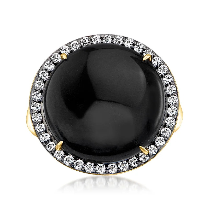 Rings with oxidized bands for vintage edge -Ross-Simons Onyx and White Topaz Ring in 18kt Gold Over Sterling