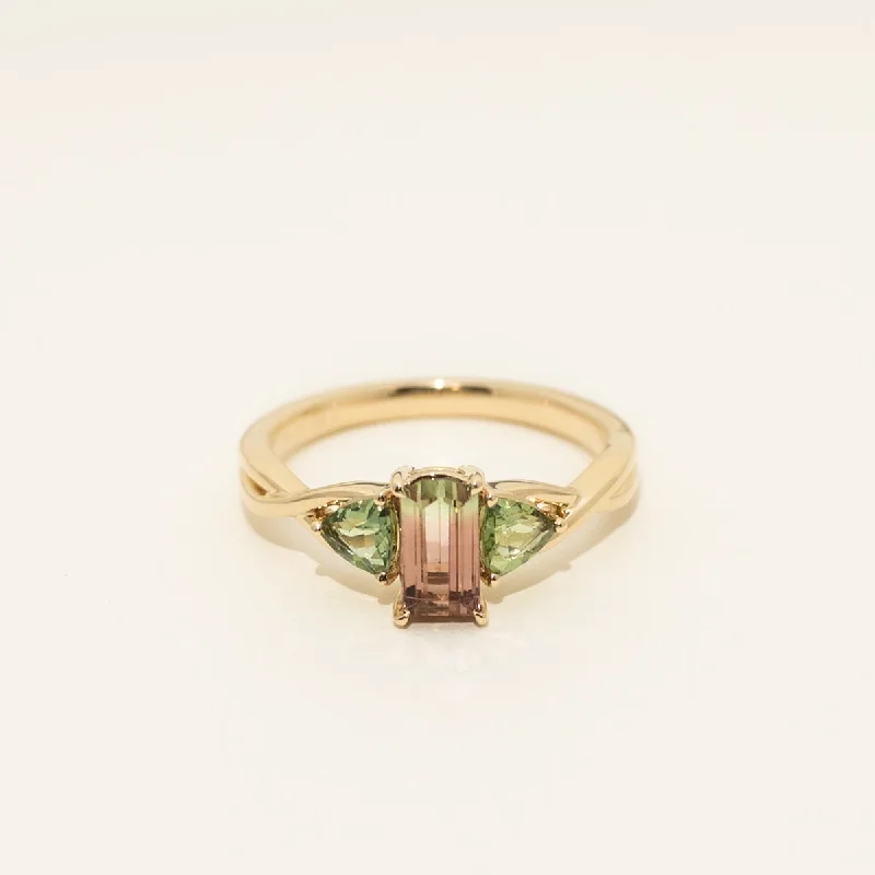 Chunky rings with hammered gold band texture -Maine Bicolor and Green Tourmaline Ring in 14kt Yellow Gold