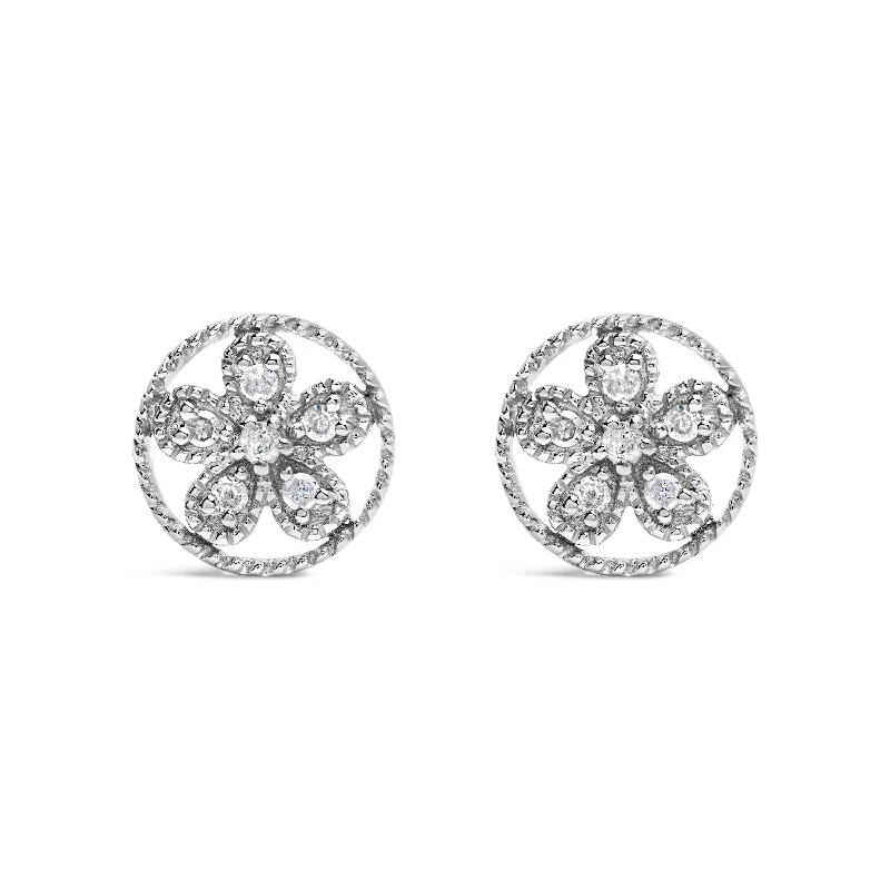 Stud Earrings with Floral Motifs -.925 Sterling Silver Diamond Accent Star and Wheel Milgrain Style Stud Earrings