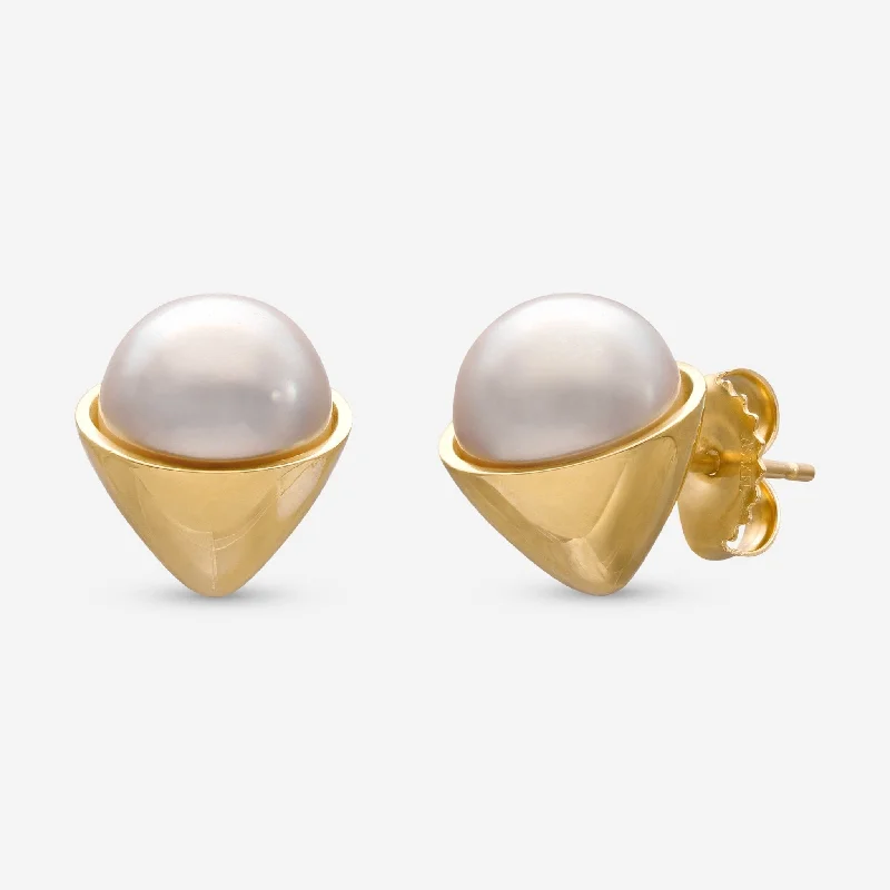 Ethnic Stud Earrings with Tribal Design -Assael 18K Yellow Gold Japanese Akoya Cultured Pearl Stud Earrings EG-OY1.A