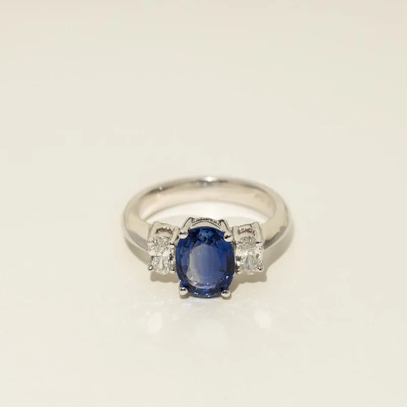 Rings with polished onyx for sleek contrast -Oval Sapphire Ring in 18kt White Gold with Diamonds (1/3ct tw)