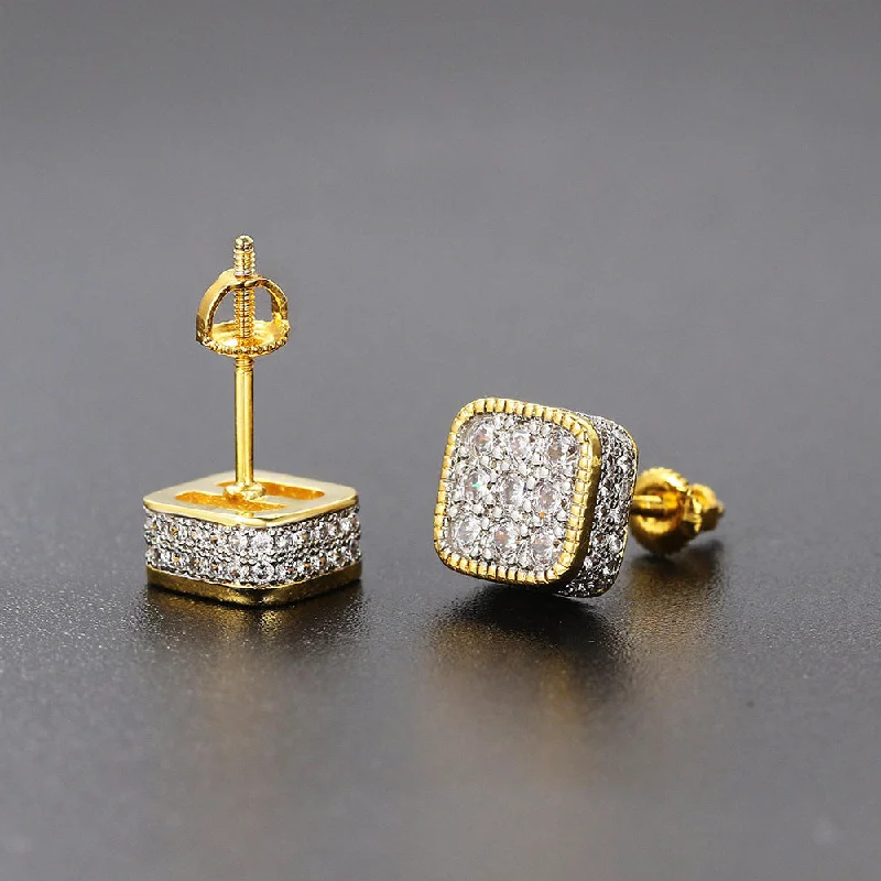 Stud Earrings for Christmas Party -Wholesale Square Hip Hop Full Diamond Zircon Thread Earrings Stud Earrings