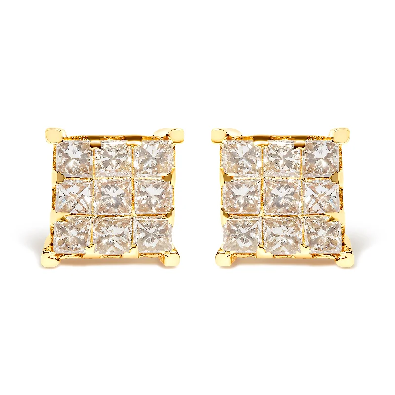 Stud Earrings for School Uniform -14K Yellow Gold 1 1/2 Cttw Invisible Set Princess-Cut Diamond 9 Stone Square Stud Earrings