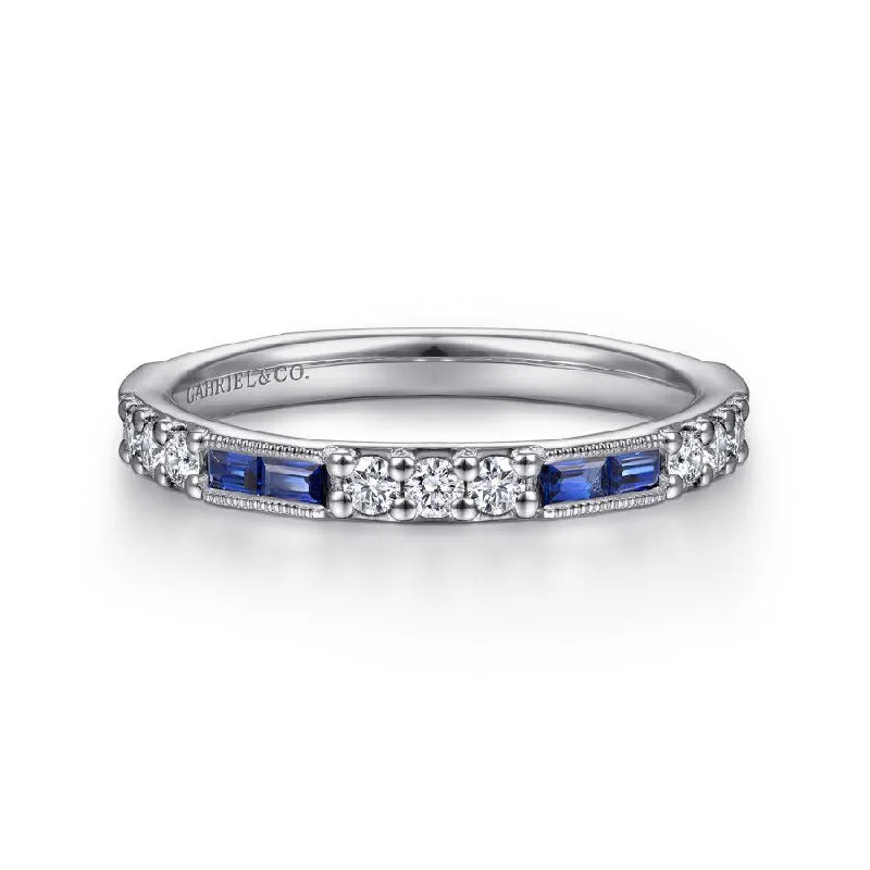 Rings with oxidized silver for antique appeal -14K White Gold Sapphire Baguette and Diamond Stackable Ring