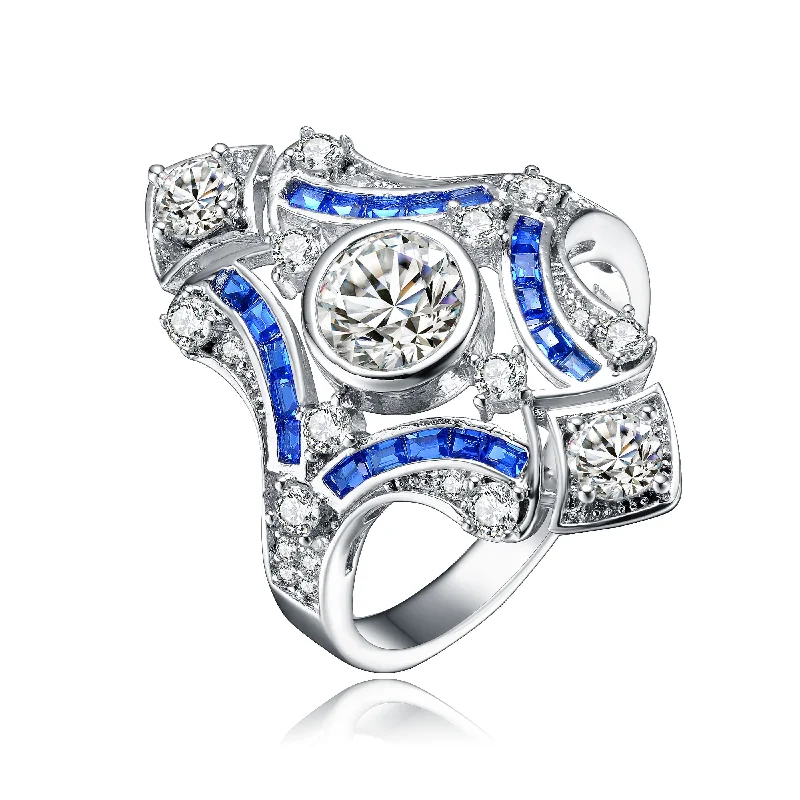 Rings with knot motifs for symbolic love -GENEVIVE Sterling Silver Sapphire Cubic Zirconia Geometrical Coctail Ring