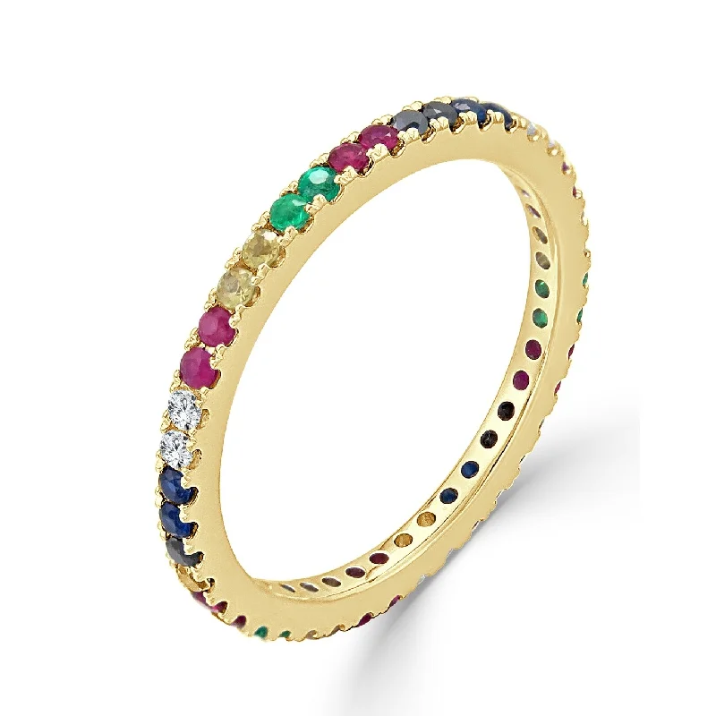 Rings with tourmaline gems for bold hues -Joelle Collection Rainbow Sapphire & Diamond Eternity Band Ring 14K Gold