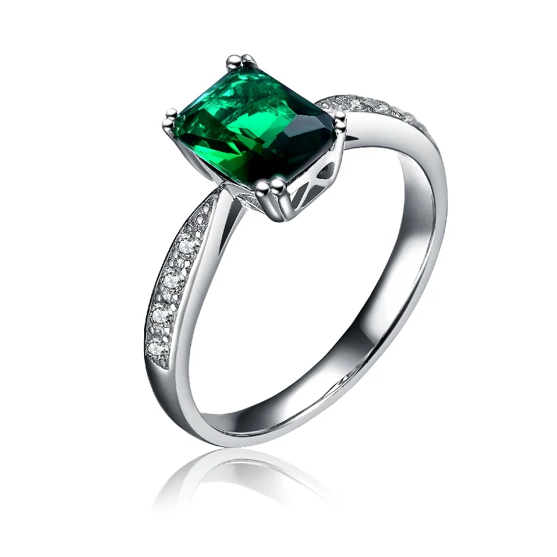 Sterling silver rings with vibrant turquoise stones -Sterling Silver with Emerald & Diamond Cubic Zirconia Emerald Cut French Pave Ring