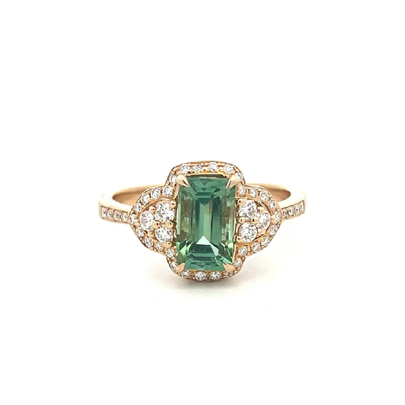 Rings with tiger eye bands for warmth -14K Yellow Gold 1.89ctw Emerald Cut Green Tourmaline & Diamond Halo Ring