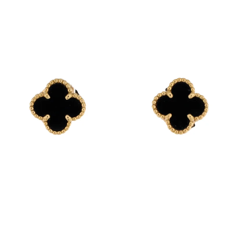 Stud Earrings for Graduation Day -Sweet Alhambra Stud Earrings 18K Yellow Gold and Onyx