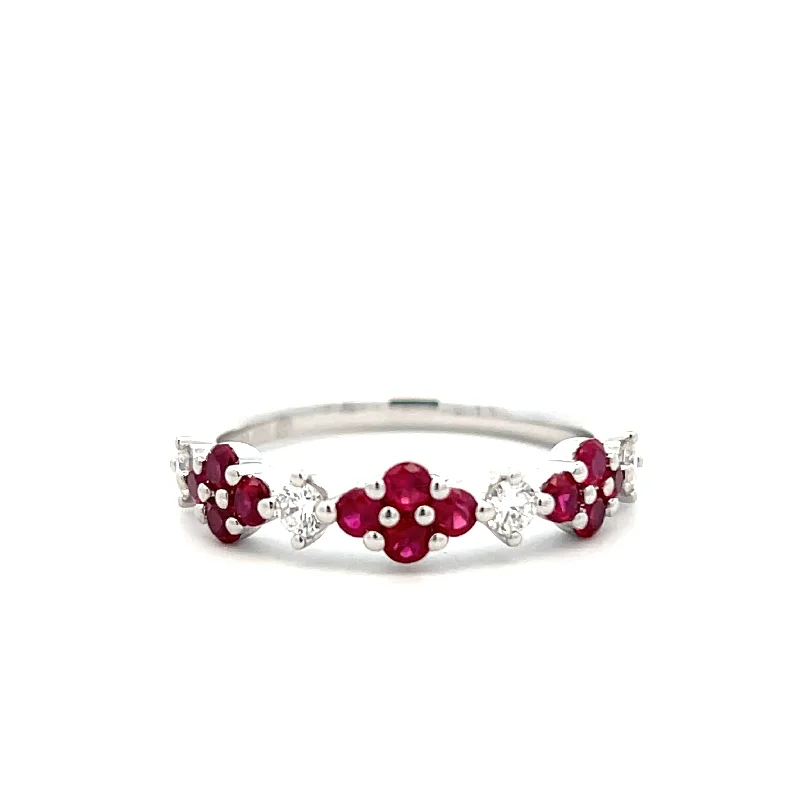 Rings with etched floral bands for detail -14K White Gold 0.70ctw Ruby & Diamond Floral Ring