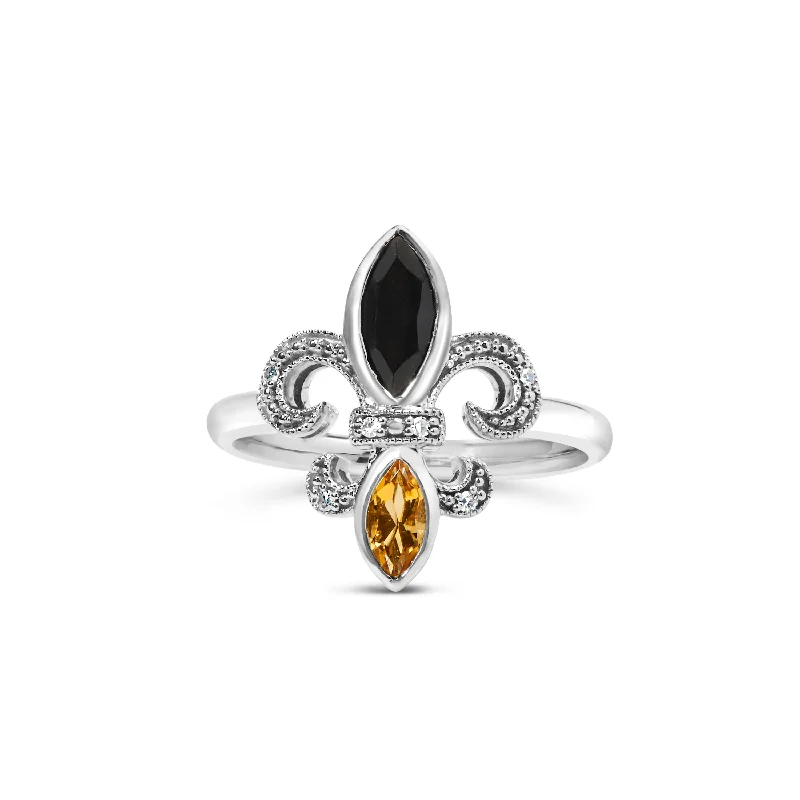 Rings with raw citrine for sunny charm -.925 Sterling Silver Black Onyx and Yellow Citrine Marquise and Diamond Accent Fleur De Lis Ring