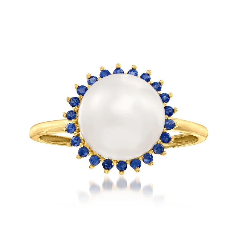 Rings with rose quartz for soft romance -Ross-Simons 9-9.5mm Cultured Pearl and . Sapphire Halo Ring in 14kt Yellow Gold