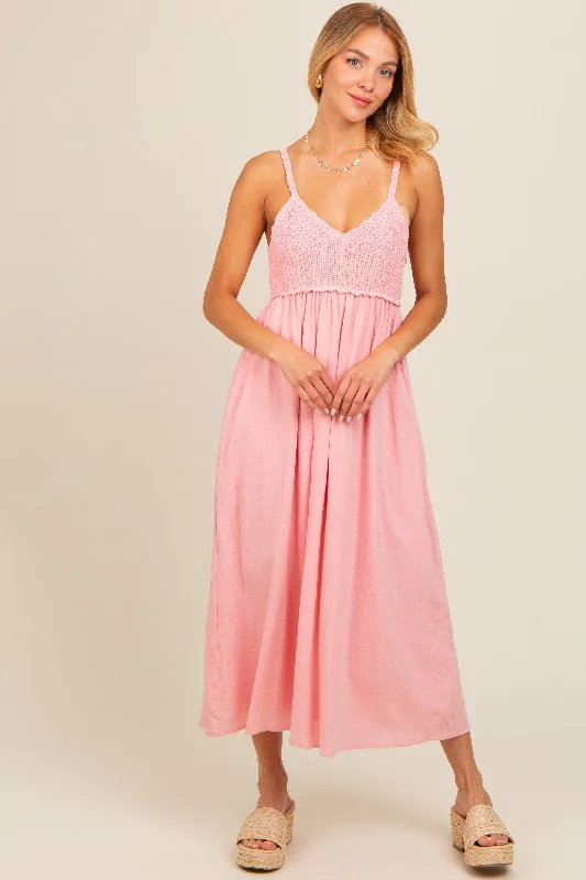 Fringed Dresses for Edgy -Pink V-Neck Crochet Top Midi Dress