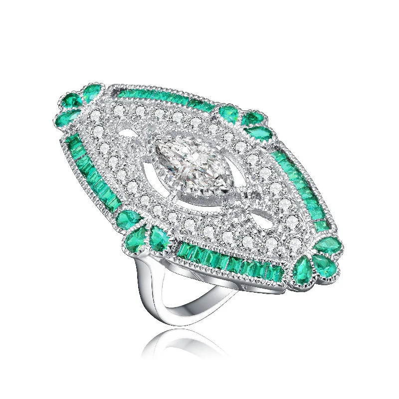 Rings with vintage claw prongs for elegance -GENEVIVE Sterling Silver Emerald Cubic Zirconia Coctail Ring