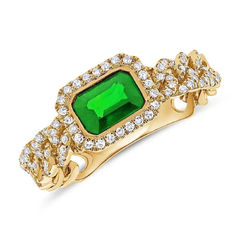 Rings with branch-inspired bands for organic -Joelle Collection Emerald & Diamond Link Ring 14K Yellow Gold