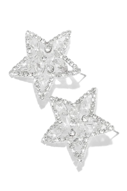 Stud Earrings with Leaf Motifs -Rockstar Embellished Star Stud Earrings - Silver