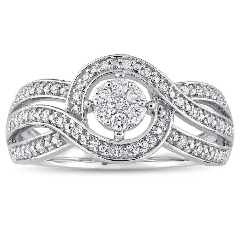 Rings with lotus flower engravings for peace -Miadora Signature Collection 10k White Gold 1/4ct TDW Diamond Crossover Halo Engagement Ring