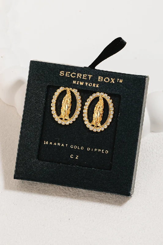 Stud Earrings with Leaf Motifs -Secret Box Gold Dipped Cz Virgin Mary Oval Stud Earrings