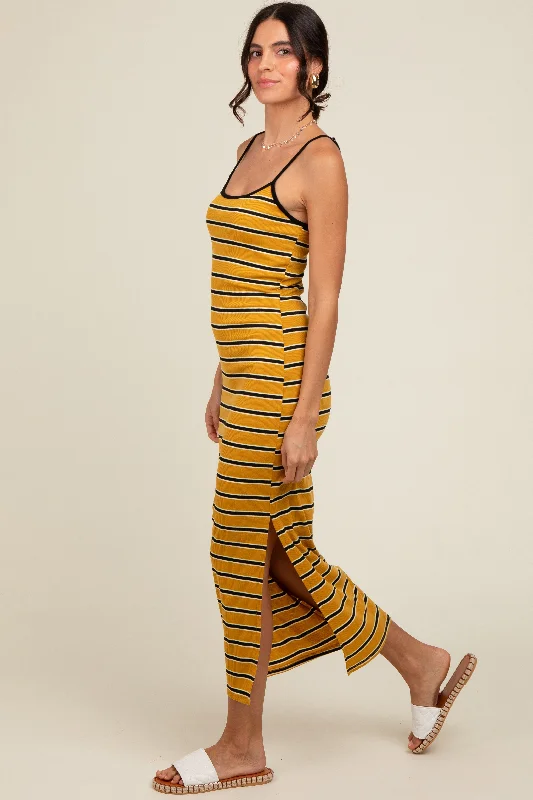 Studded Dresses for Statement -Yellow Striped Ribbed Side Slit Midi Dress